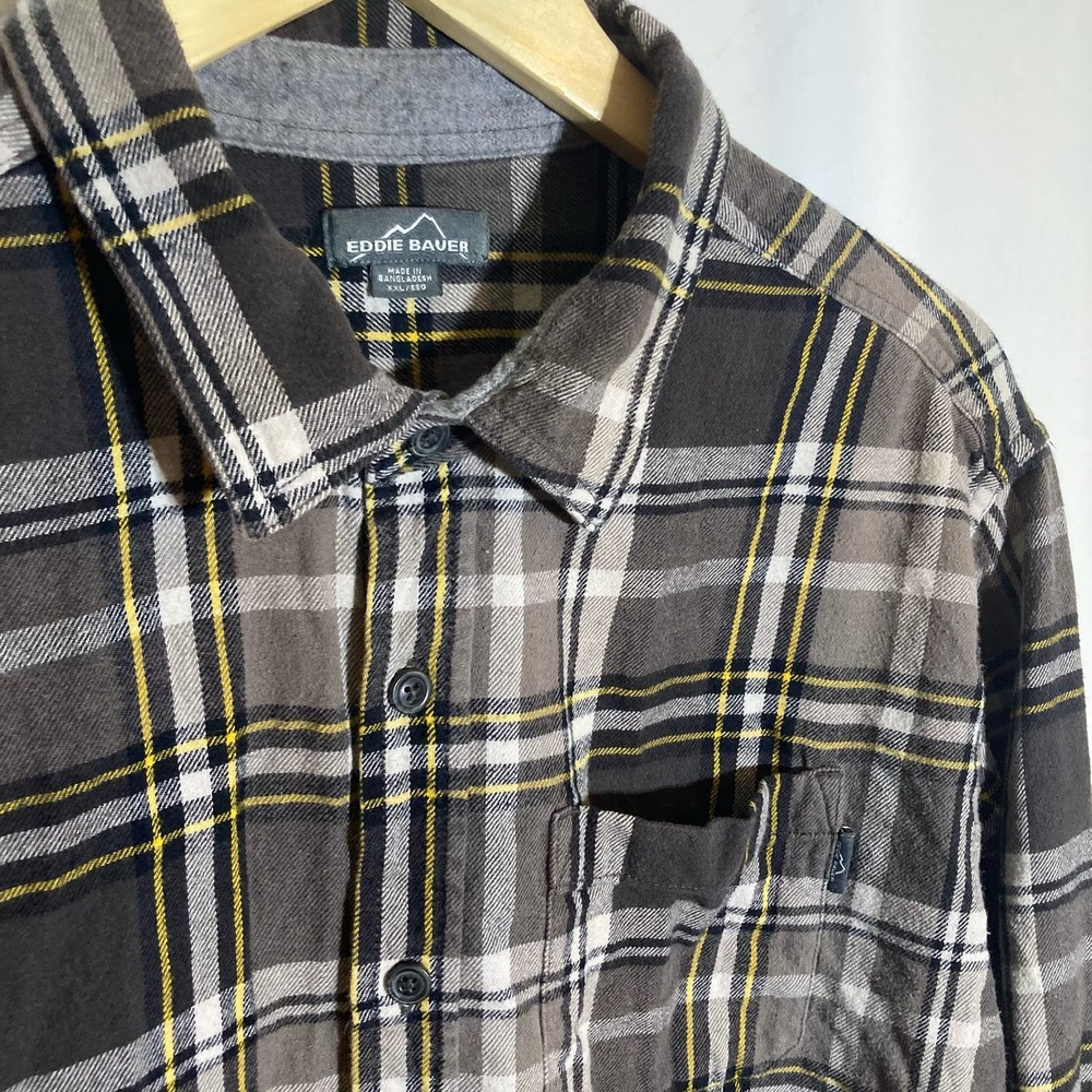 Eddie Bauer Mens XXL Gray Yellow Plaid Flannel Double Breasted Button Down Shirt - Picture 1 of 6